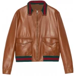 Red And Black Web Details Brown Leather Bomber Jacket