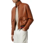 Red And Black Web Details Brown Leather Bomber Jacket