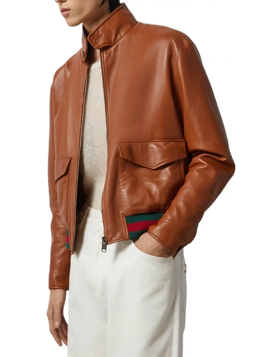 Red And Black Web Details Brown Leather Bomber Jacket
