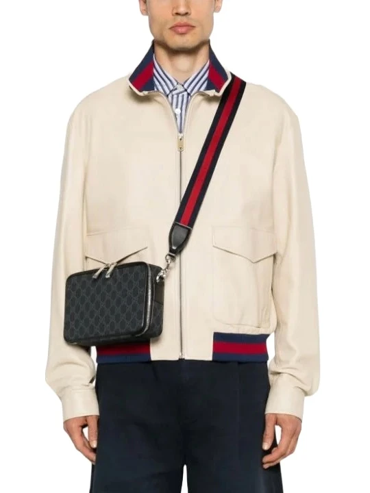 Red And Blue Web Details Beige Leather Bomber Jacket