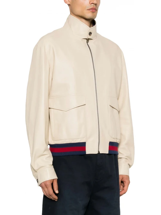 Red And Blue Web Details Beige Leather Bomber Jacket
