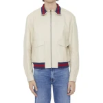 Red And Blue Web Details Cream Leather Bomber Jacket