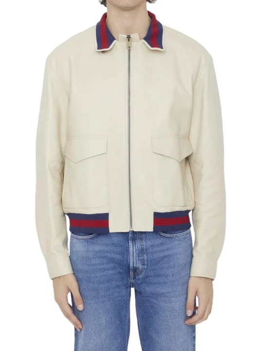 Red And Blue Web Details Cream Leather Bomber Jacket