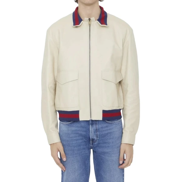 Red And Blue Web Details Cream Leather Bomber Jacket