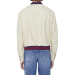 Red And Blue Web Details Cream Leather Bomber Jacket