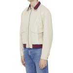 Red And Blue Web Details Cream Leather Bomber Jacket