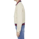 Red And Blue Web Details Cream Leather Bomber Jacket