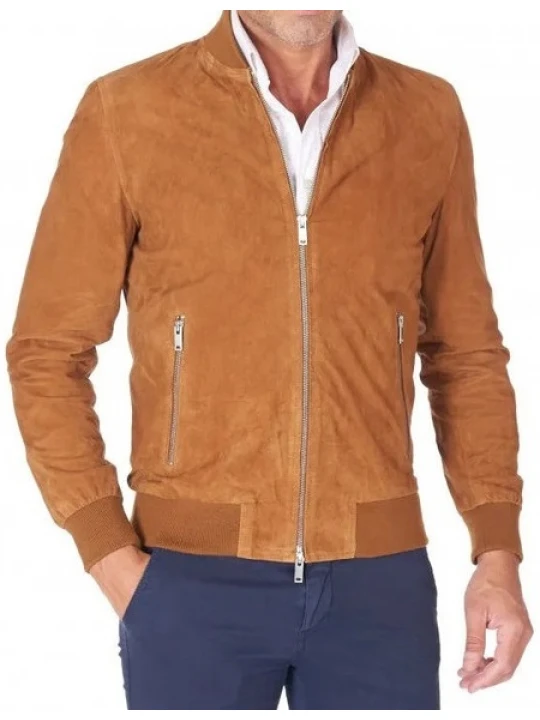 Rib Collar And Cuffs Camel Suede Leather Bomber Jacket