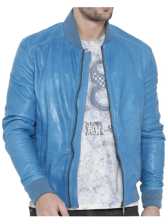 Ribbed Blue Leather Bomber Jacket