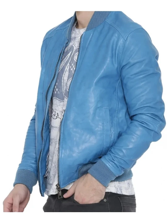 Ribbed Blue Leather Bomber Jacket