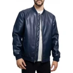 Ribbed Collar Blue Leather Bomber Jacket