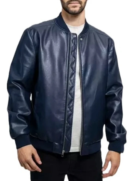 Ribbed Collar Blue Leather Bomber Jacket