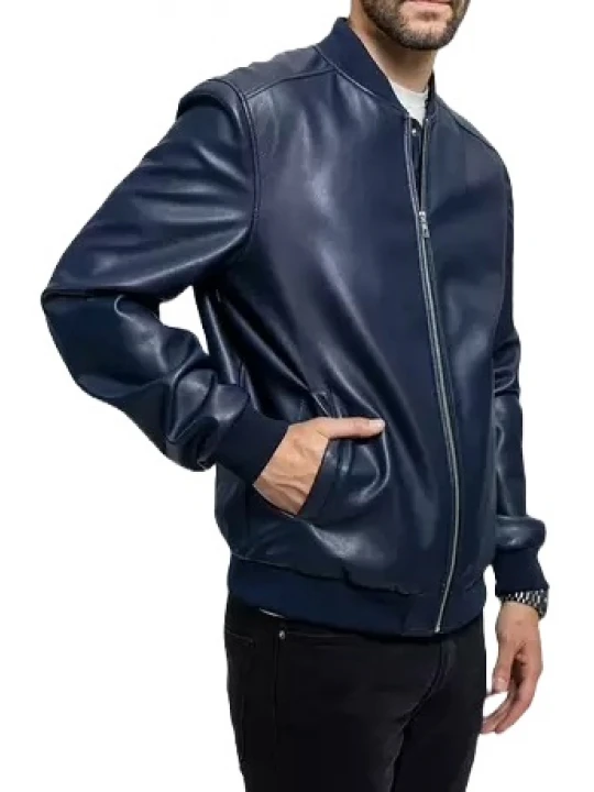 Ribbed Collar Blue Leather Bomber Jacket