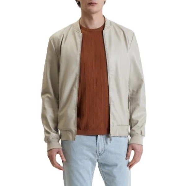Ribbed Collar Cream Leather Bomber Jacket