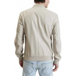 Ribbed Collar Cream Leather Bomber Jacket