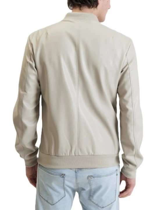Ribbed Collar Cream Leather Bomber Jacket
