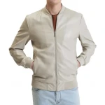 Ribbed Collar Cream Leather Bomber Jacket
