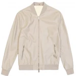 Ribbed Collar Cream Leather Bomber Jacket