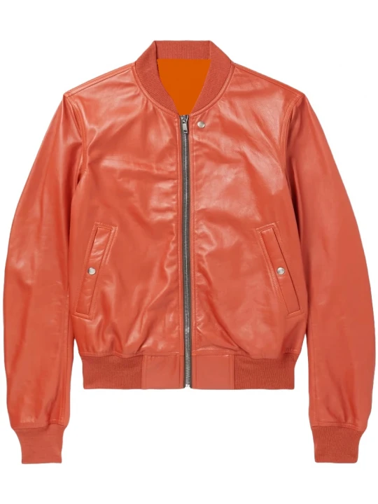 Ribbed Collar Orange Leather Bomber Jacket