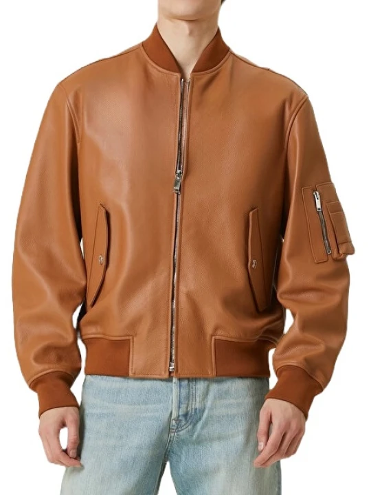 Ribbed Collar Tan Leather Bomber Jacket