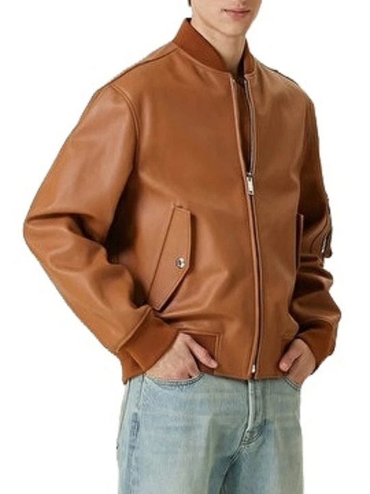 Ribbed Collar Tan Leather Bomber Jacket