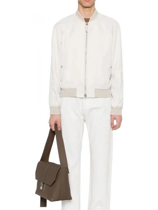 Ribbed Collar White Leather Bomber Jacket