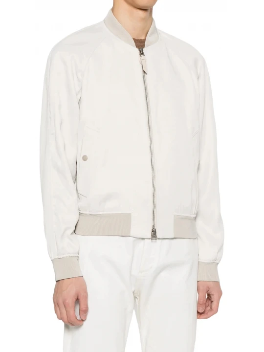 Ribbed Collar White Leather Bomber Jacket