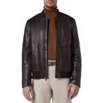 Ribbed Hem Brown Leather Bomber Jacket