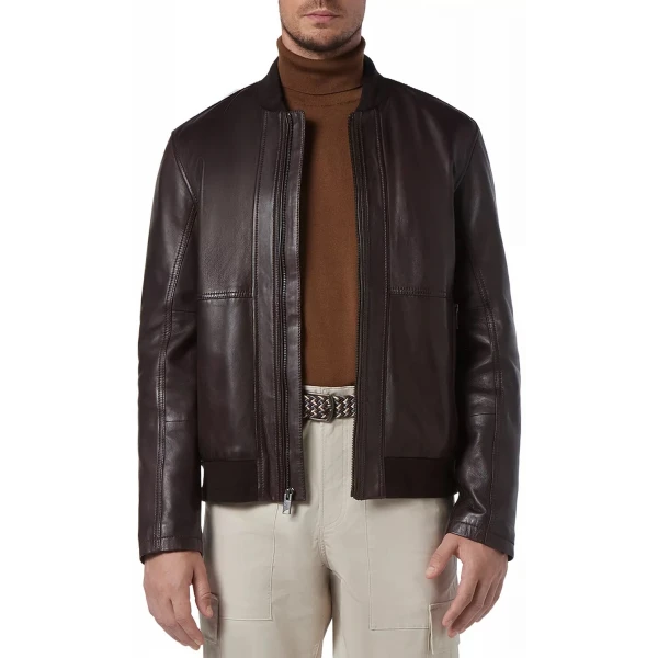 Ribbed Hem Brown Leather Bomber Jacket