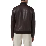 Ribbed Hem Brown Leather Bomber Jacket