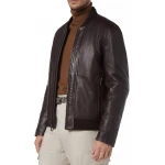 Ribbed Hem Brown Leather Bomber Jacket