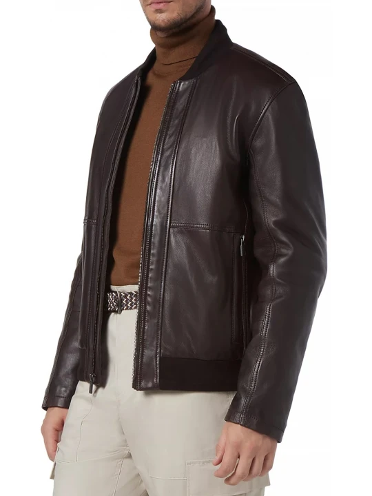 Ribbed Hem Brown Leather Bomber Jacket