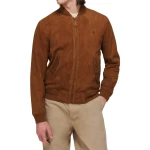 Ribbed Trims Camel Suede Leather Bomber Jacket