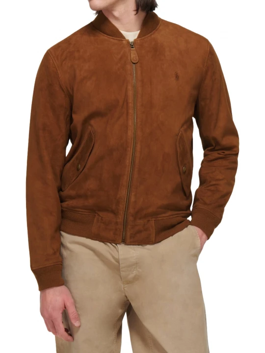 Ribbed Trims Camel Suede Leather Bomber Jacket