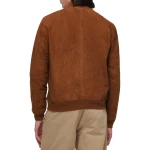 Ribbed Trims Camel Suede Leather Bomber Jacket