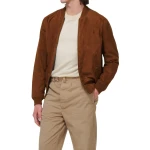 Ribbed Trims Camel Suede Leather Bomber Jacket