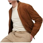 Ribbed Trims Camel Suede Leather Bomber Jacket