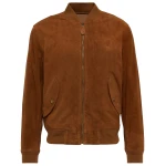 Ribbed Trims Camel Suede Leather Bomber Jacket