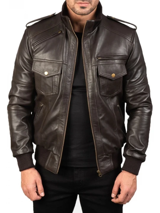 Rider Style Brown Leather Bomber Jacket