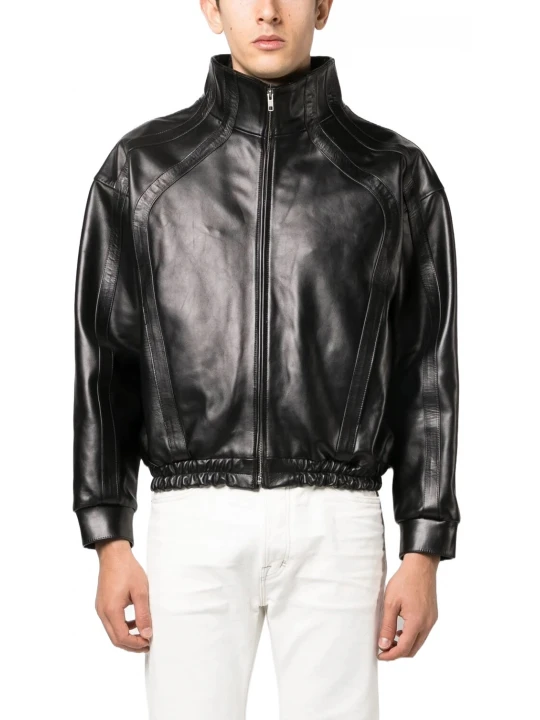 Seam Detailing Black Leather Bomber Jacket