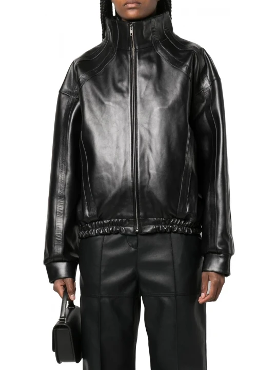 Seam Detailing Black Leather Bomber Jacket