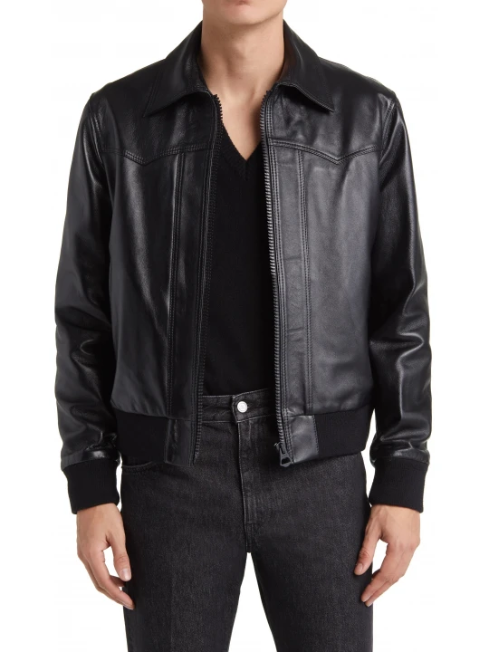 Shirt Collar Black Leather Bomber Jacket