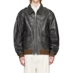 Shoulder Epaulets Vintage Black Leather Bomber Jacket