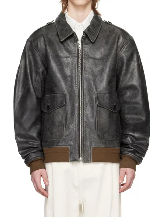 Shoulder Epaulets Vintage Black Leather Bomber Jacket