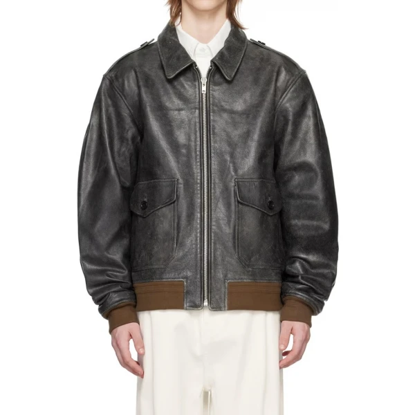 Shoulder Epaulets Vintage Black Leather Bomber Jacket