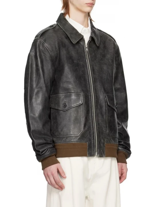 Shoulder Epaulets Vintage Black Leather Bomber Jacket