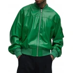 Sleeve Pocket Detail Green Leather Bomber Jacket