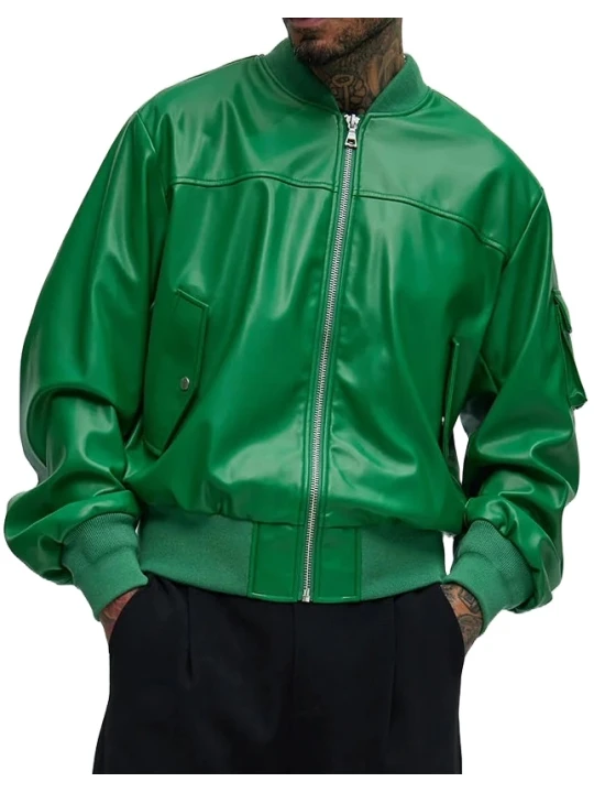 Sleeve Pocket Detail Green Leather Bomber Jacket