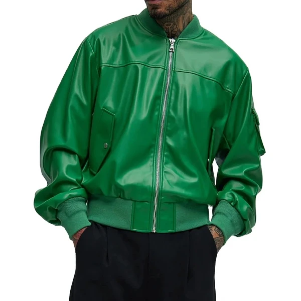 Sleeve Pocket Detail Green Leather Bomber Jacket