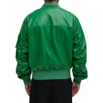 Sleeve Pocket Detail Green Leather Bomber Jacket